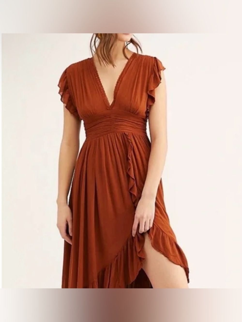 Free People Rust Ruffle High-Low Open Back Dress - Size S - Picture 2 of 7
